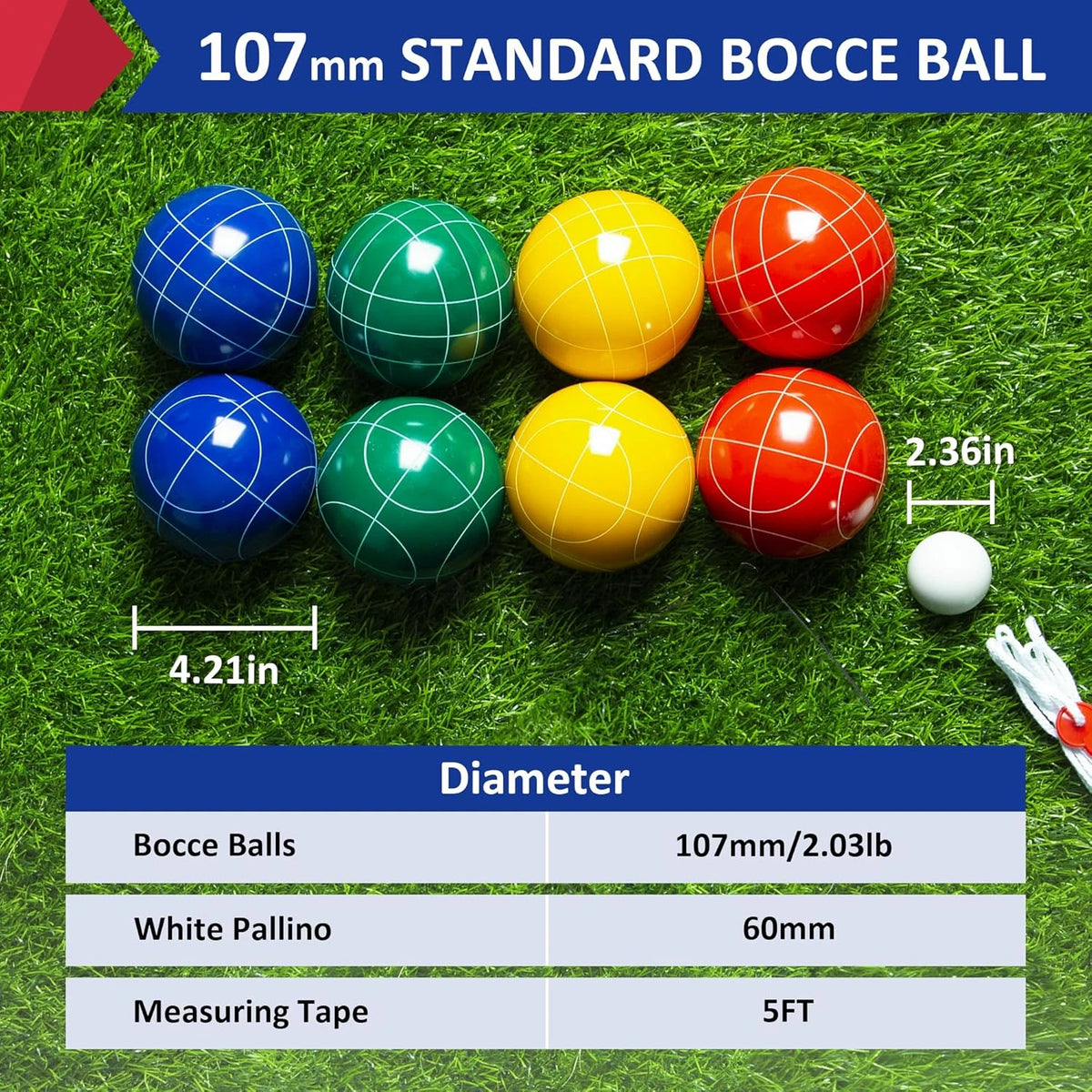 Regulation 107mm Bocce Ball Set with 8 Resin Balls & Carrying Bag for 2-8 Player